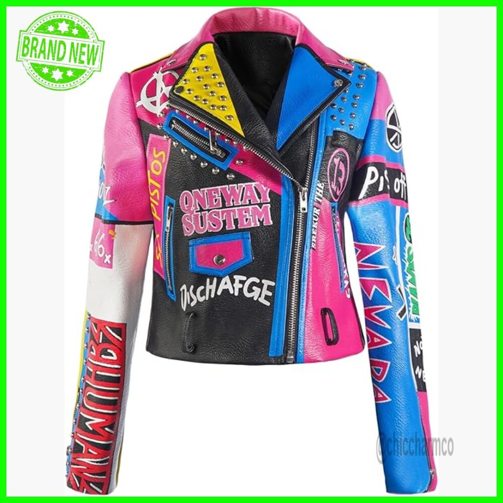 Faux Leather Punk Biker Jacket With Studded Rivets, Quilted Shoulder Design